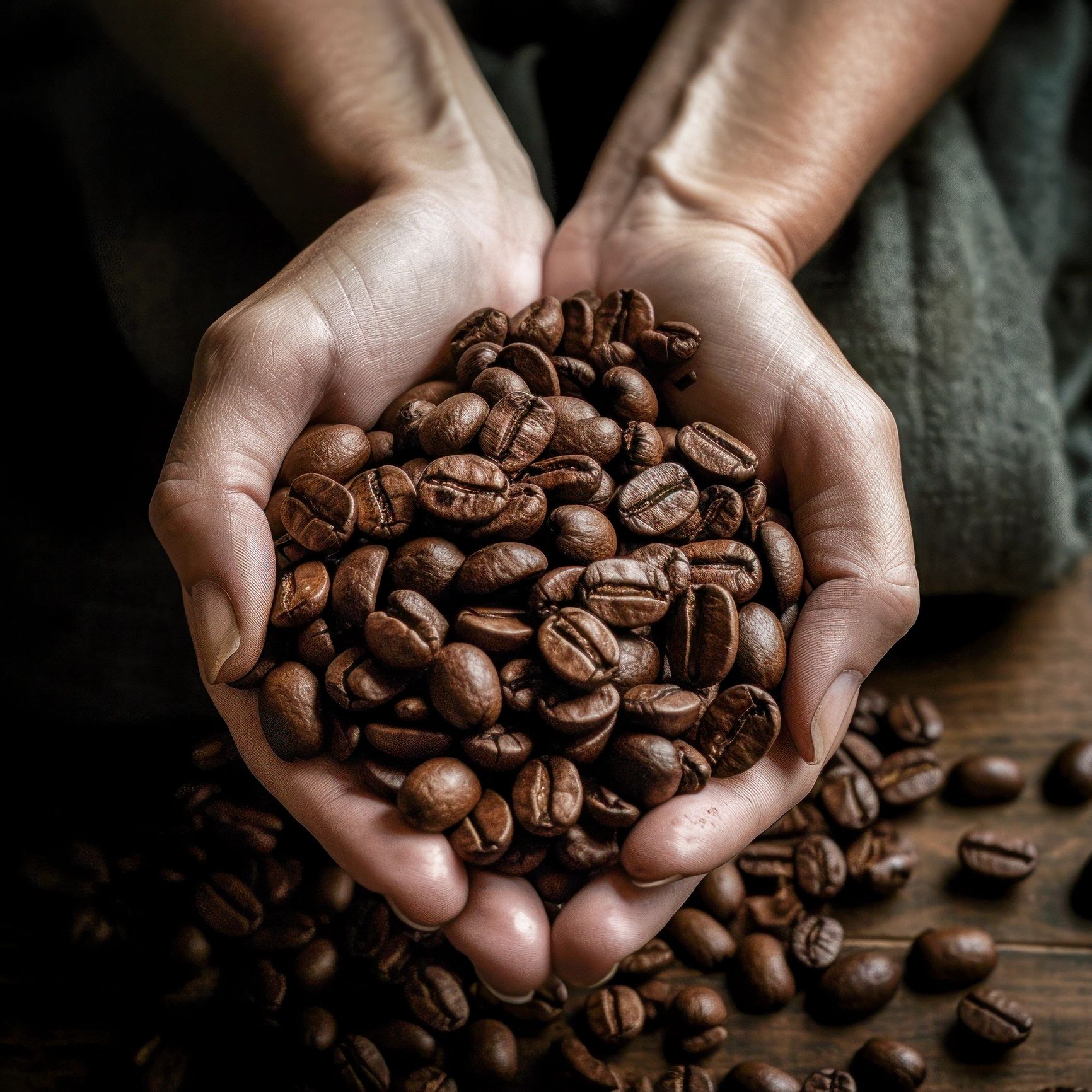 Hands holding dry coffee cherries